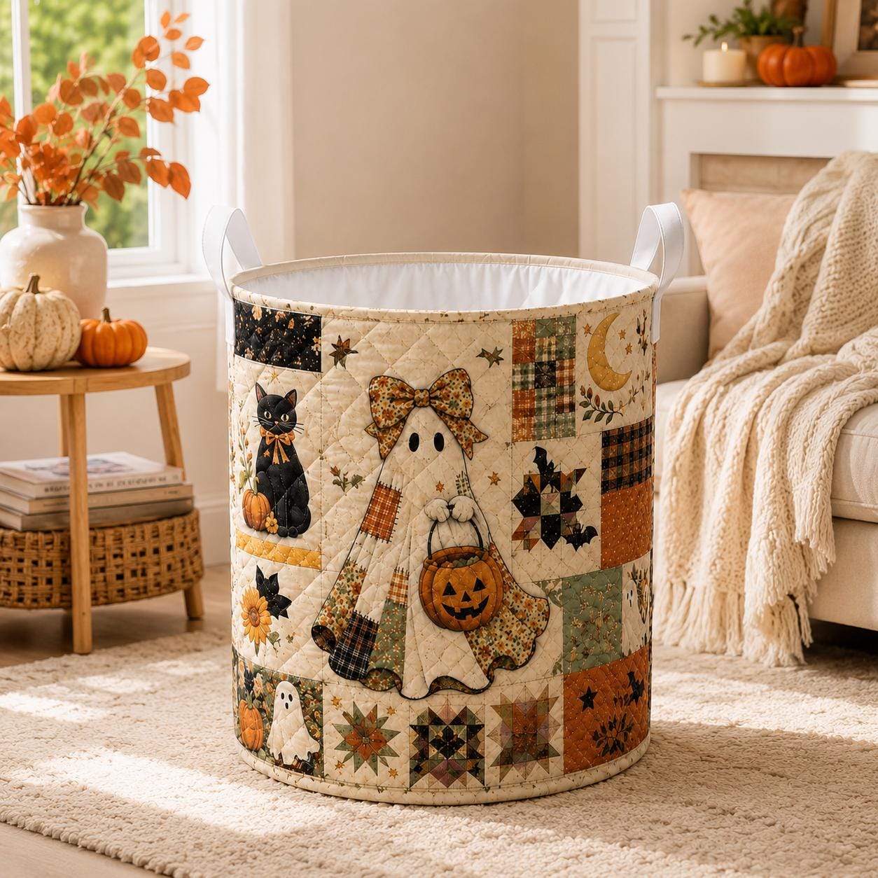 Halloween Black Cat Quilted Style Laundry Basket with Autumn Leaves Hamper and Fall Seasonal Home Decor Storage - photo 9