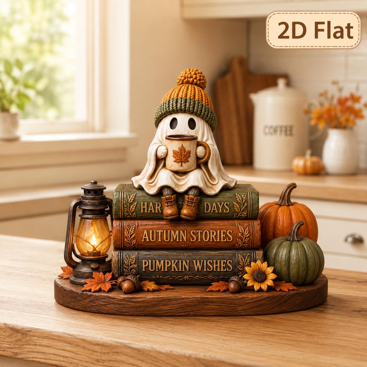 Ghost Coffee Book Stack Wooden Block Sign – Cozy Fall Shelf Decor for Harvest Days Autumn Stories and Pumpkin Lover Gift