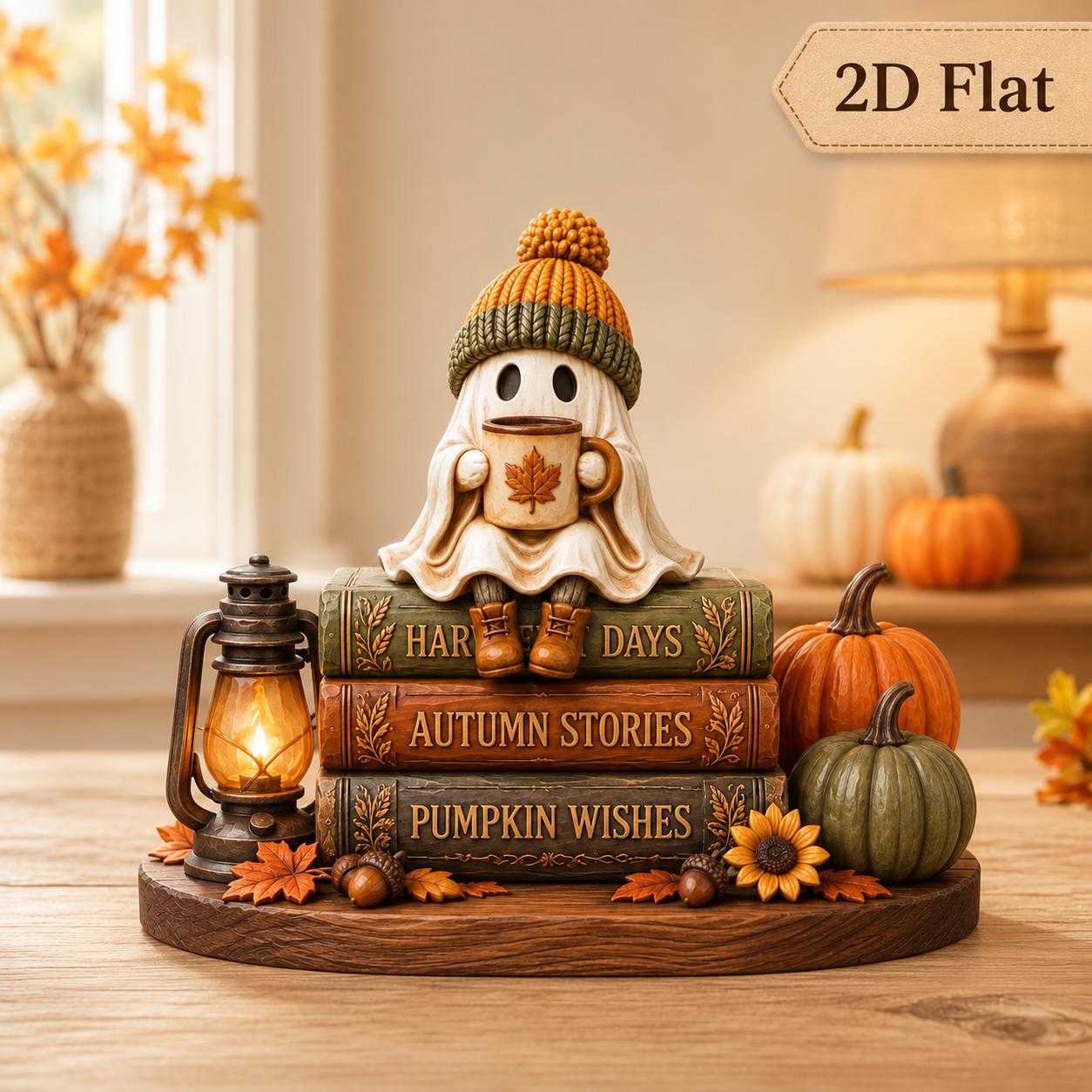 Ghost Coffee Book Stack Wooden Block Sign – Cozy Fall Shelf Decor for Harvest Days Autumn Stories and Pumpkin Lover Gift - photo 2