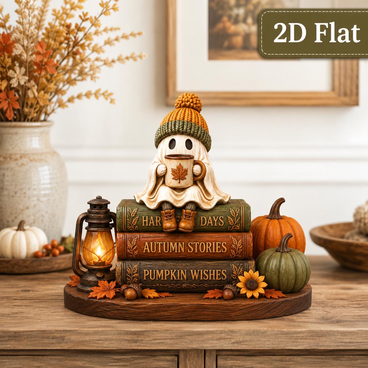 Ghost Coffee Book Stack Wooden Block Sign – Cozy Fall Shelf Decor for Harvest Days Autumn Stories and Pumpkin Lover Gift - photo 3