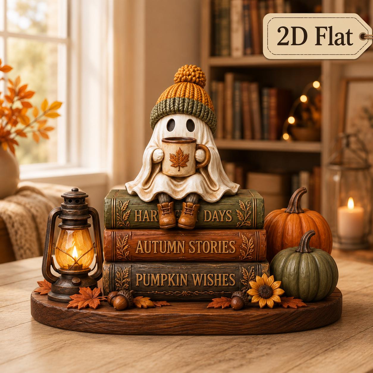 Ghost Coffee Book Stack Wooden Block Sign – Cozy Fall Shelf Decor for Harvest Days Autumn Stories and Pumpkin Lover Gift - photo 4