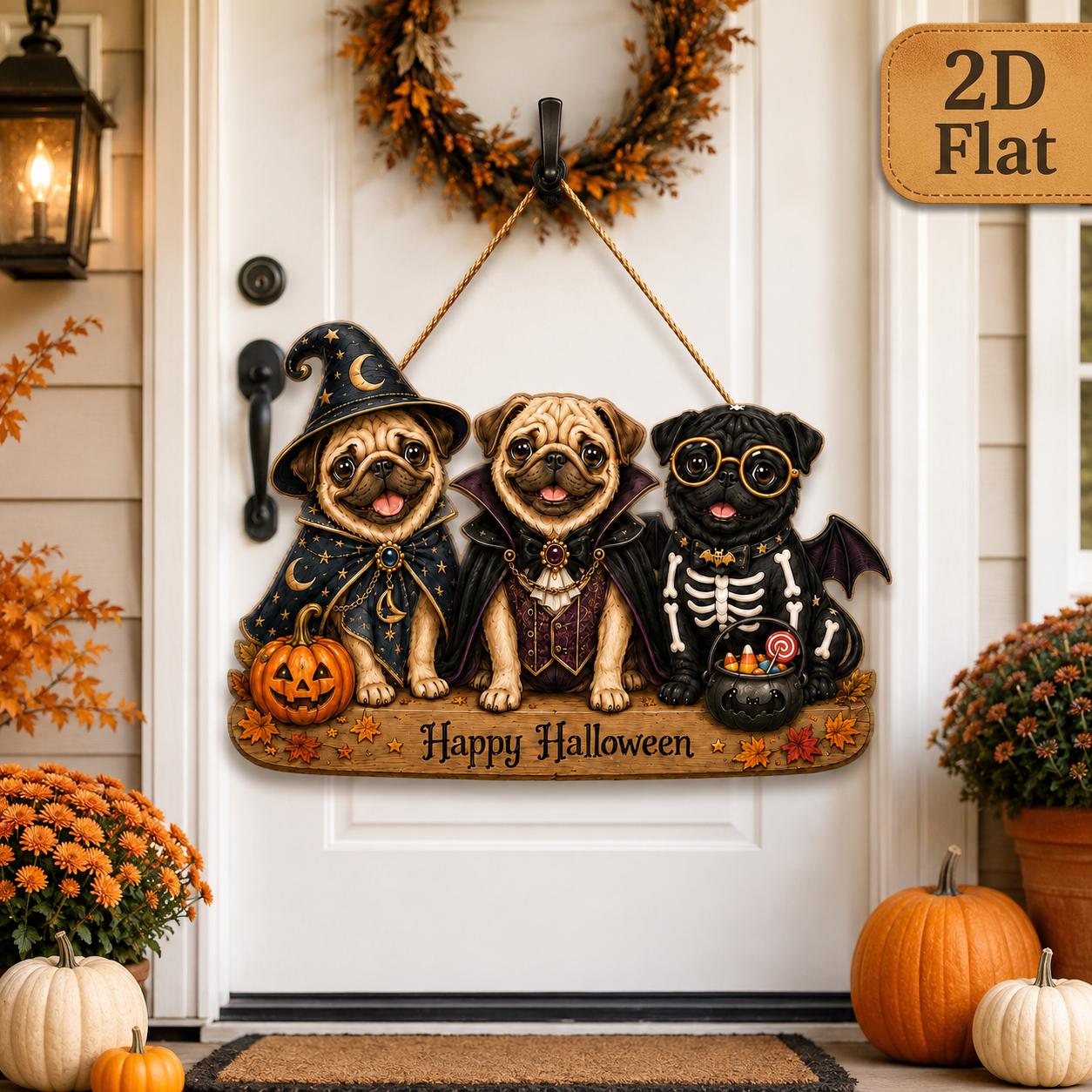 Happy Halloween Pug Wood Door Hanger – Witch Vampire and Skeleton Dog Front Porch Decor for Pet Lover