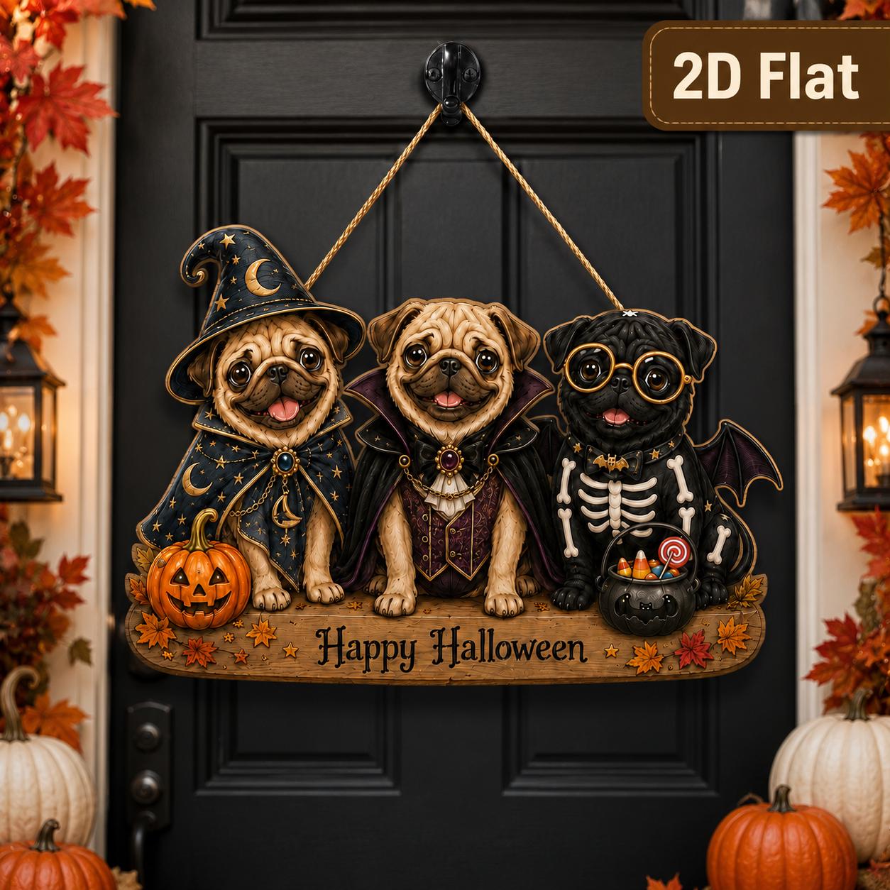 Happy Halloween Pug Wood Door Hanger – Witch Vampire and Skeleton Dog Front Porch Decor for Pet Lover - photo 2