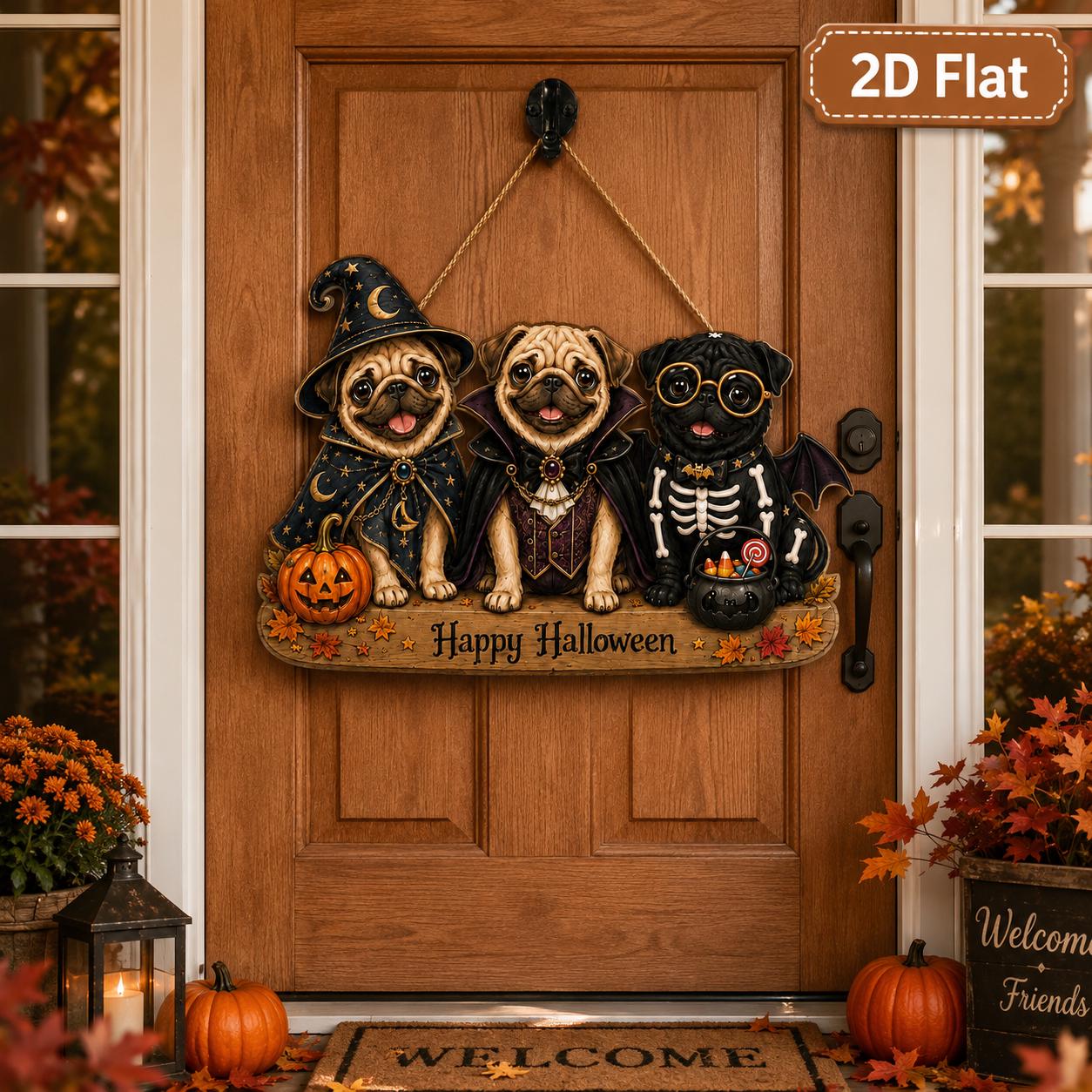Happy Halloween Pug Wood Door Hanger – Witch Vampire and Skeleton Dog Front Porch Decor for Pet Lover - photo 3