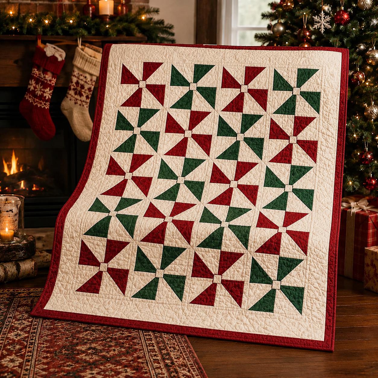 Cozy Red and Green Christmas Pinwheel Quilt Blanket – Winter Holiday Patchwork Throw for Farmhouse Xmas Home Decor Gift