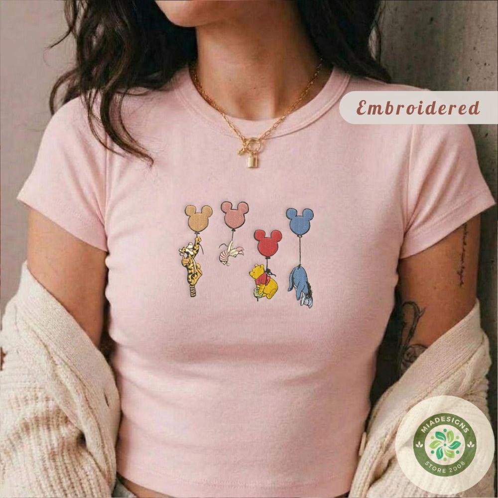 Embroidered Winnie the Pooh Balloon T-Shirt Sweatshirt Hoodie with Piglet Tigger Eeyore and Mickey – Balloon Lace Trim Tank Top