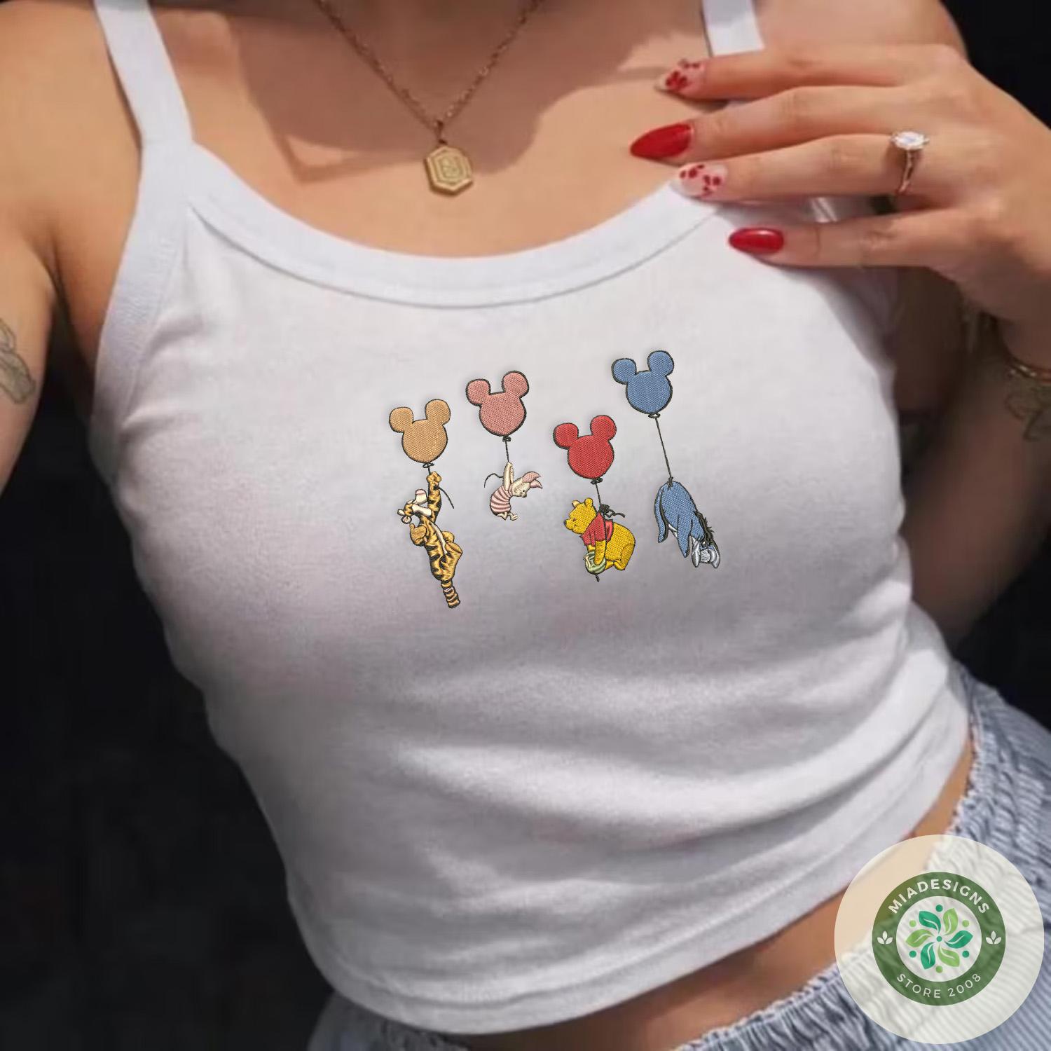 Embroidered Winnie the Pooh Balloon T-Shirt Sweatshirt Hoodie with Piglet Tigger Eeyore and Mickey – Balloon Lace Trim Tank Top - photo 2