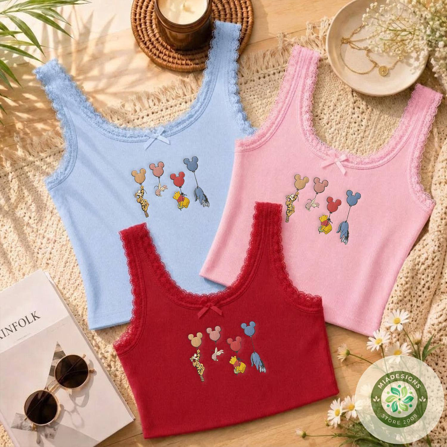 Embroidered Winnie the Pooh Balloon T-Shirt Sweatshirt Hoodie with Piglet Tigger Eeyore and Mickey – Balloon Lace Trim Tank Top - photo 3