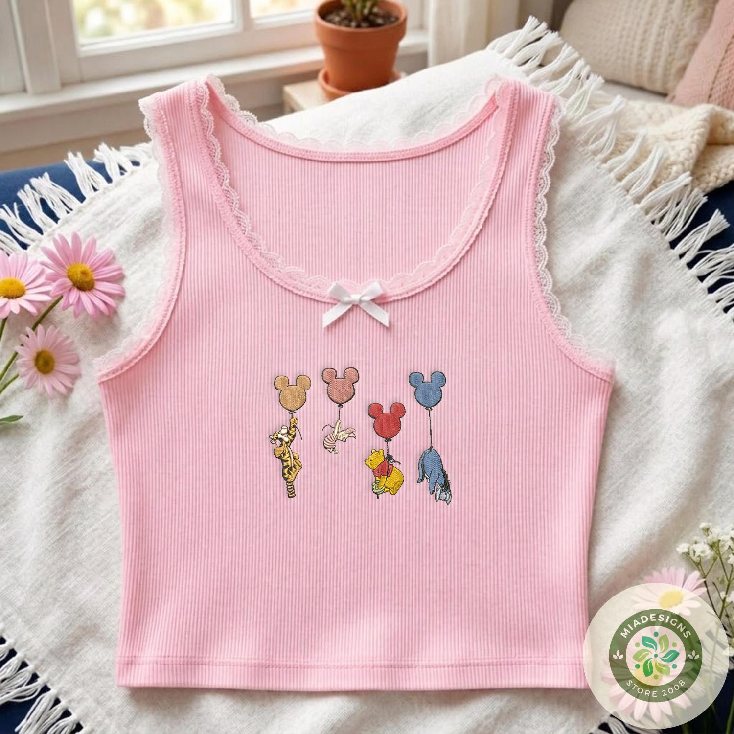 Embroidered Winnie the Pooh Balloon T-Shirt Sweatshirt Hoodie with Piglet Tigger Eeyore and Mickey – Balloon Lace Trim Tank Top - photo 5