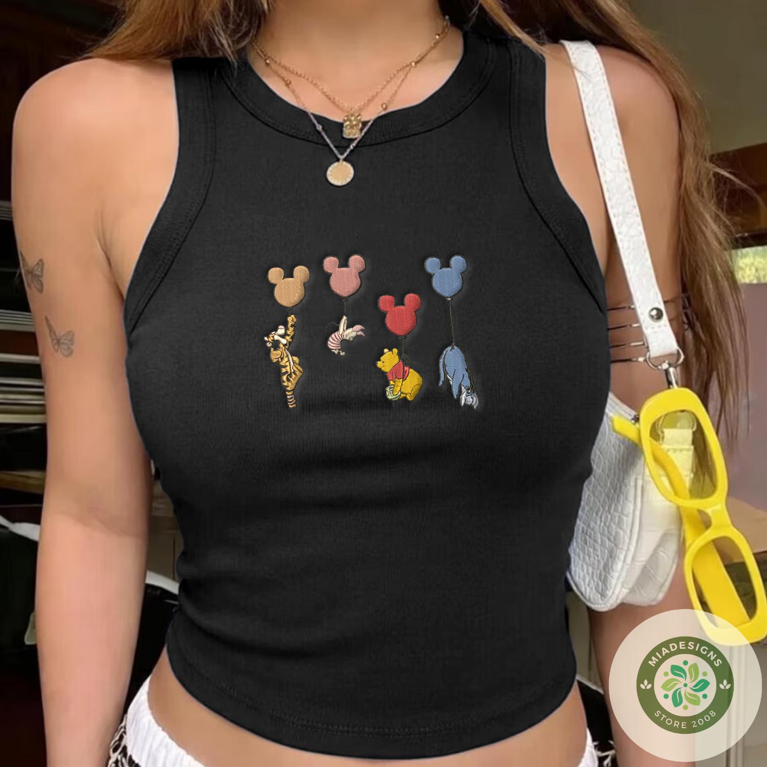Embroidered Winnie the Pooh Balloon T-Shirt Sweatshirt Hoodie with Piglet Tigger Eeyore and Mickey – Balloon Lace Trim Tank Top - photo 17