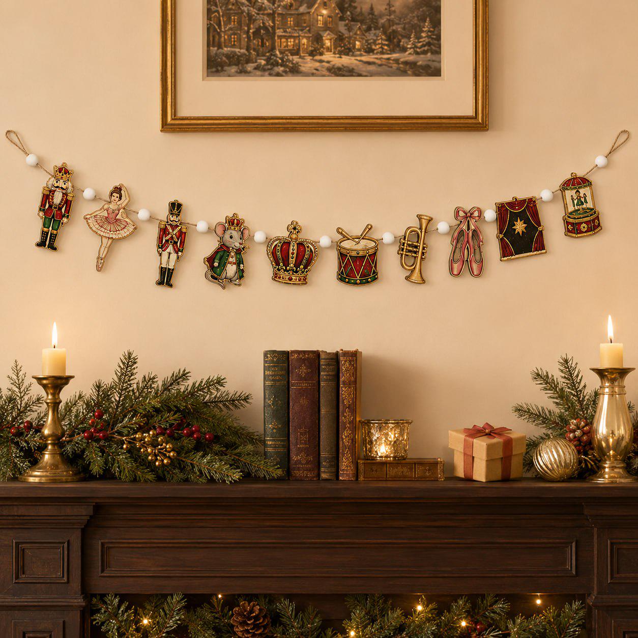 Nutcracker Ballet Christmas Wooden Garland Mantel Banner with Soldier Ballerina Mouse King Drum and Trumpet for Holiday Wall Decor
