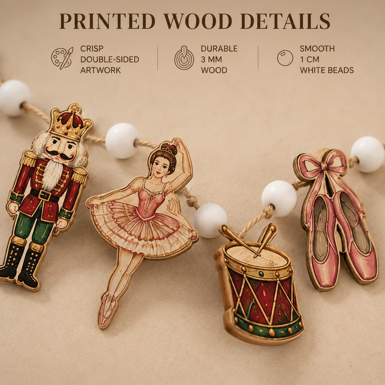 Nutcracker Ballet Christmas Wooden Garland Mantel Banner with Soldier Ballerina Mouse King Drum and Trumpet for Holiday Wall Decor - photo 2