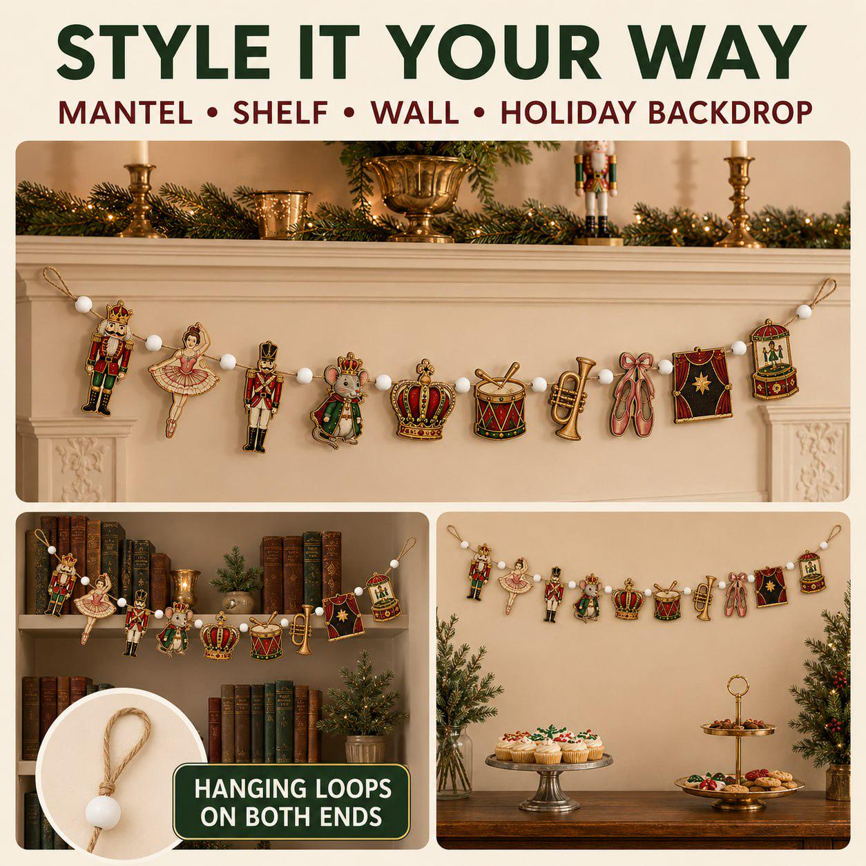 Nutcracker Ballet Christmas Wooden Garland Mantel Banner with Soldier Ballerina Mouse King Drum and Trumpet for Holiday Wall Decor - photo 6