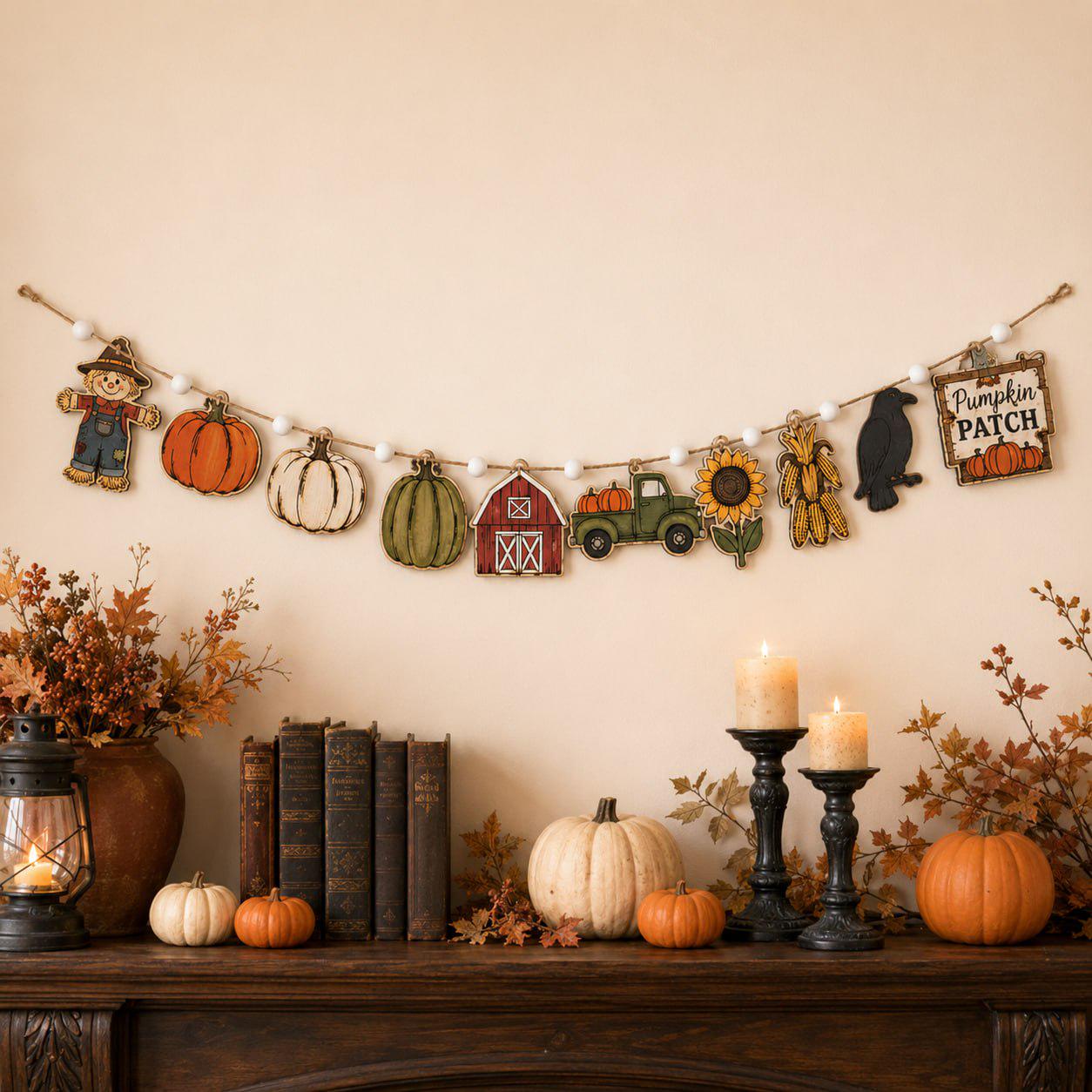 Fall Harvest Wooden Garland Banner with Pumpkin Scarecrow Barn Truck and Sunflower for Rustic Farmhouse Mantel and Wall Decor