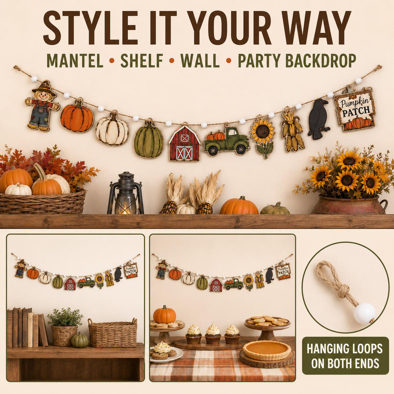 Fall Harvest Wooden Garland Banner with Pumpkin Scarecrow Barn Truck and Sunflower for Rustic Farmhouse Mantel and Wall Decor - photo 6