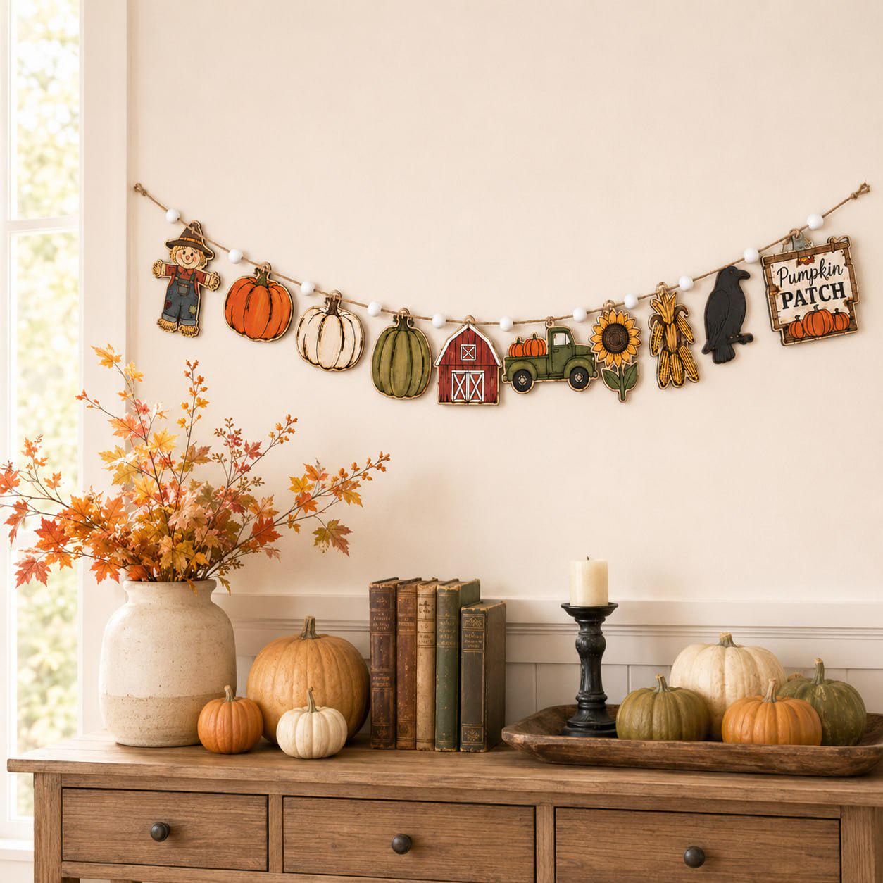 Fall Harvest Wooden Garland Banner with Pumpkin Scarecrow Barn Truck and Sunflower for Rustic Farmhouse Mantel and Wall Decor - photo 7