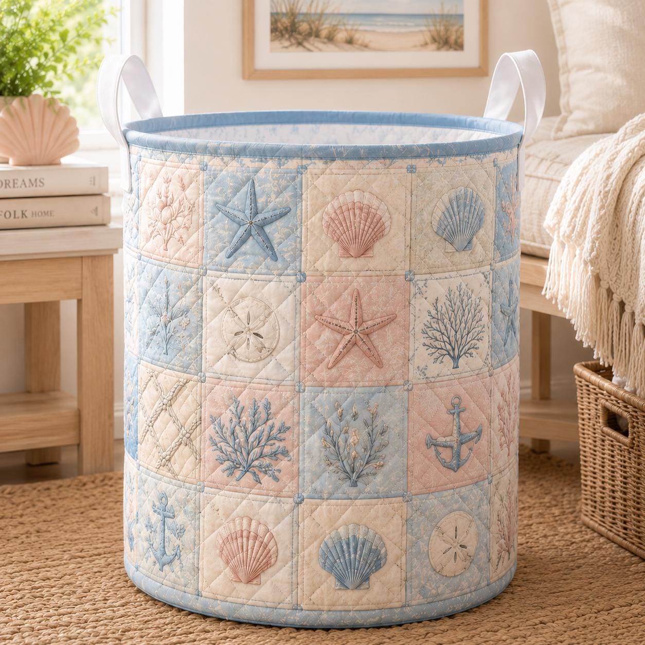 Coastal Beach Quilted Style Laundry Basket with Nautical Ocean Hamper and Seashell Starfish Home Storage Decor Gift
