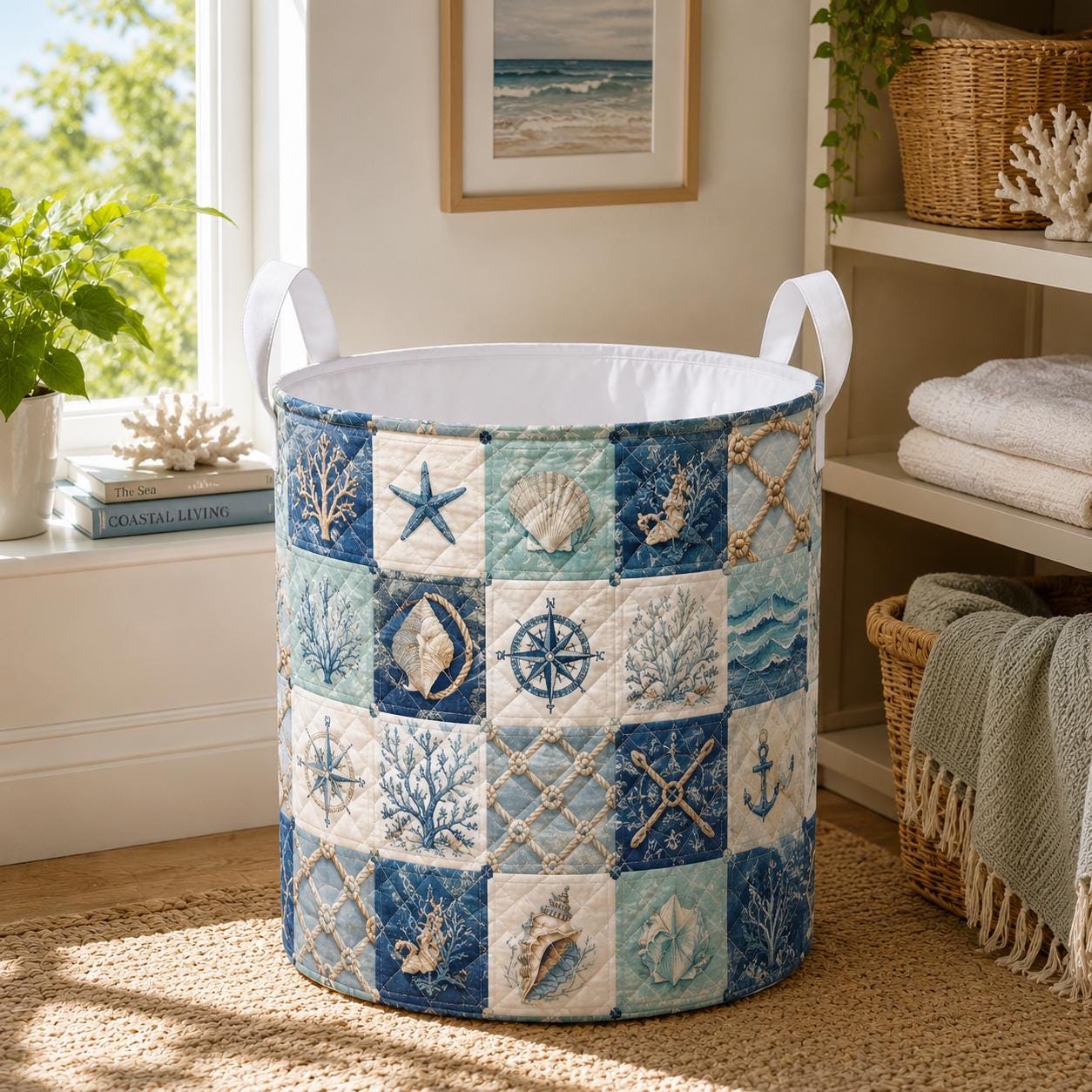 Coastal Beach Quilted Style Laundry Basket with Nautical Ocean Hamper and Seashell Starfish Home Storage Decor Gift - photo 2