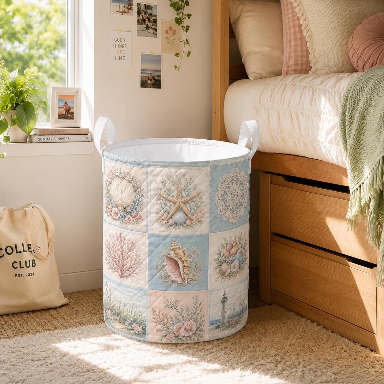 Coastal Beach Quilted Style Laundry Basket with Nautical Ocean Hamper and Seashell Starfish Home Storage Decor Gift - photo 3