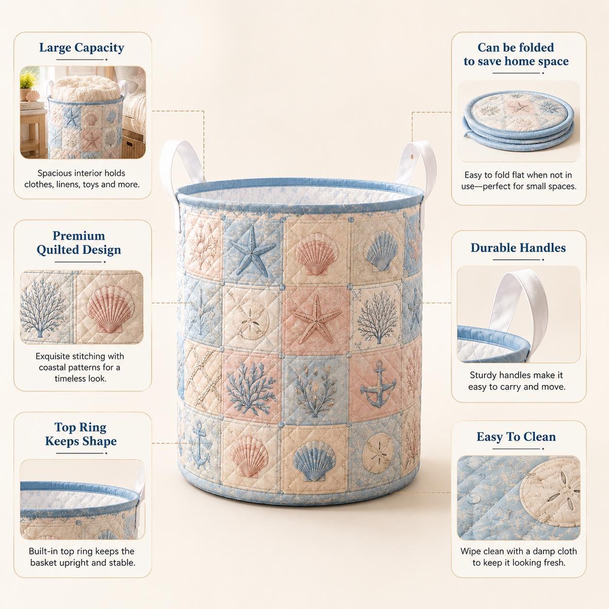 Coastal Beach Quilted Style Laundry Basket with Nautical Ocean Hamper and Seashell Starfish Home Storage Decor Gift - photo 6
