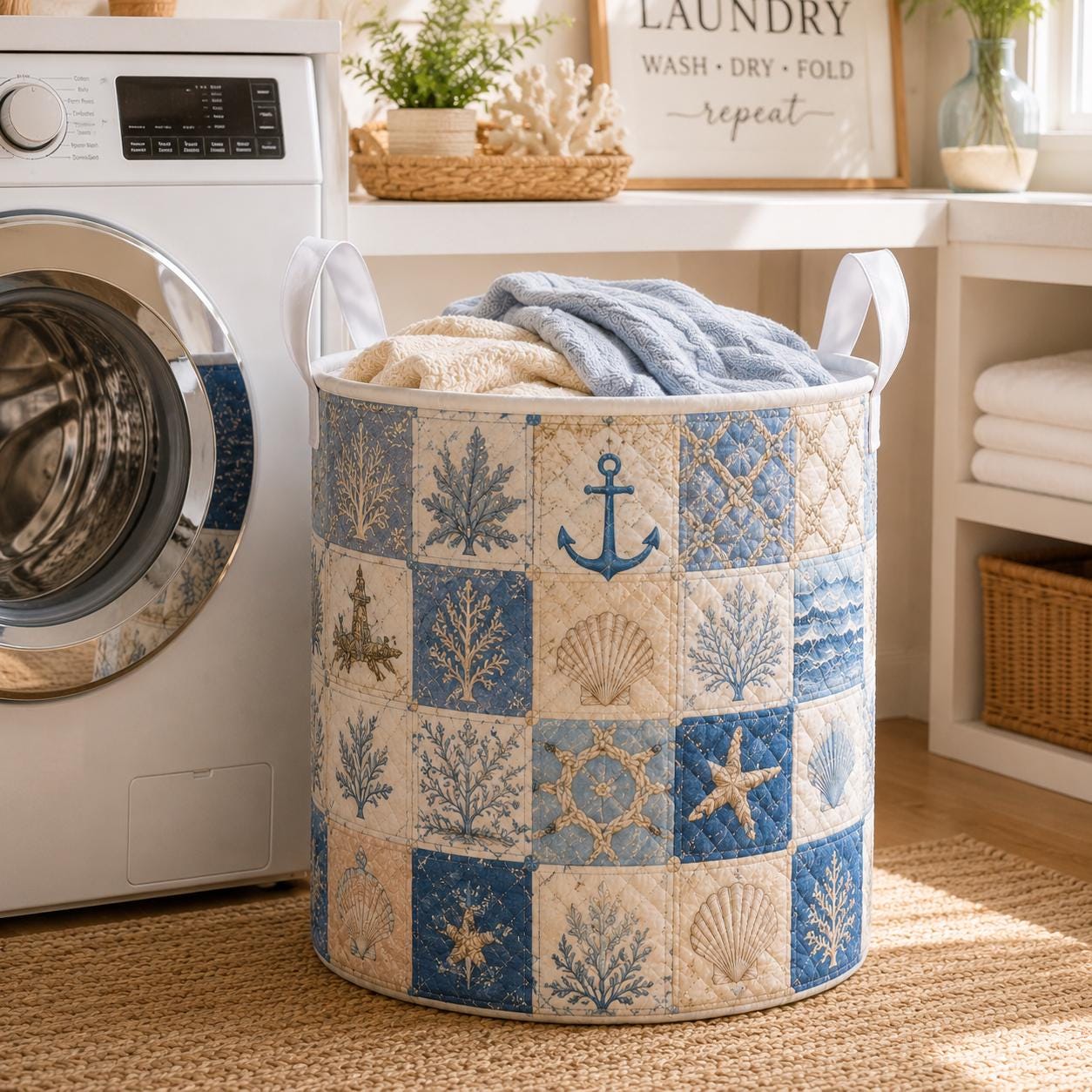 Coastal Beach Quilted Style Laundry Basket with Nautical Ocean Hamper and Seashell Starfish Home Storage Decor Gift - photo 8