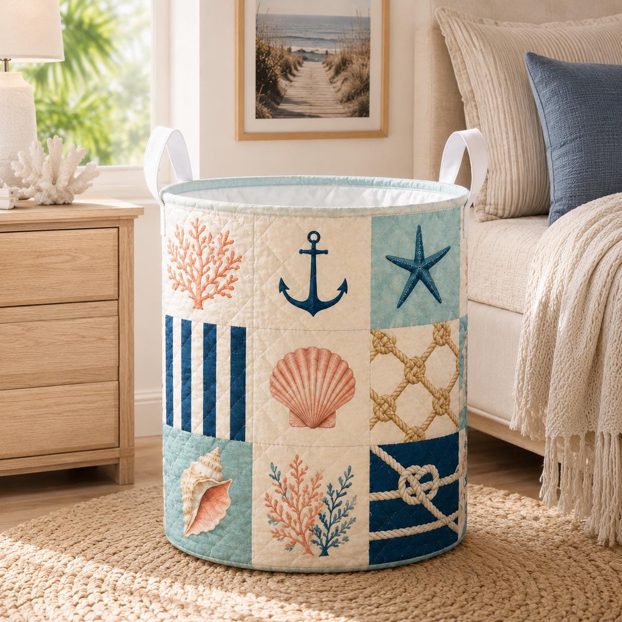 Coastal Beach Quilted Style Laundry Basket with Nautical Ocean Hamper and Seashell Starfish Home Storage Decor Gift - photo 9