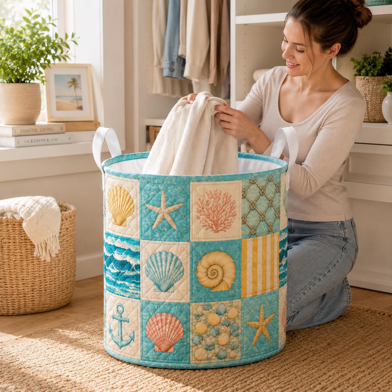 Coastal Beach Quilted Style Laundry Basket with Nautical Ocean Hamper and Seashell Starfish Home Storage Decor Gift - photo 10