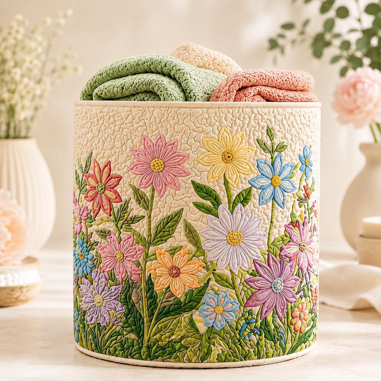 Boho Flowers Quilted Style Laundry Basket with Large Floral Fabrics Hamper and Foldable Family Storage Bin
