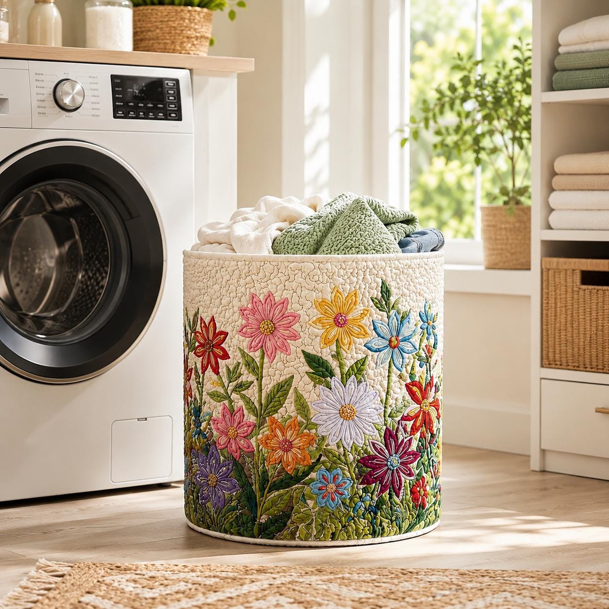 Boho Flowers Quilted Style Laundry Basket with Large Floral Fabrics Hamper and Foldable Family Storage Bin - photo 3