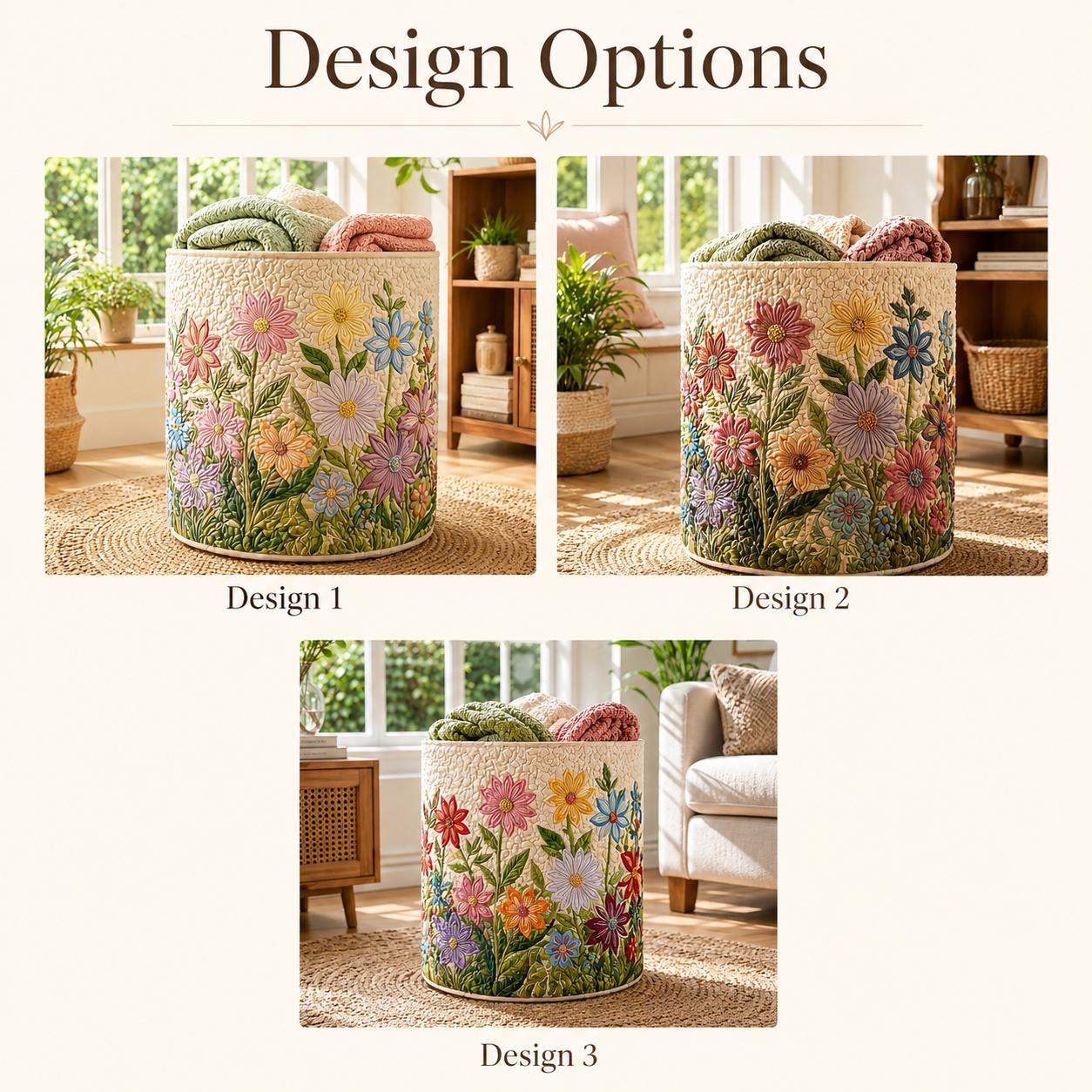 Boho Flowers Quilted Style Laundry Basket with Large Floral Fabrics Hamper and Foldable Family Storage Bin - photo 4