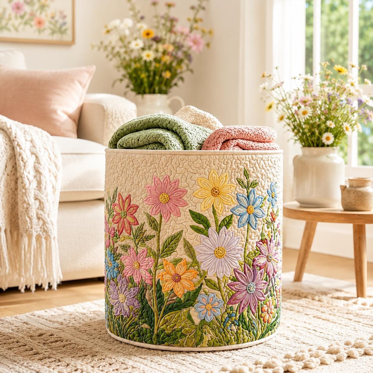 Boho Flowers Quilted Style Laundry Basket with Large Floral Fabrics Hamper and Foldable Family Storage Bin - photo 5
