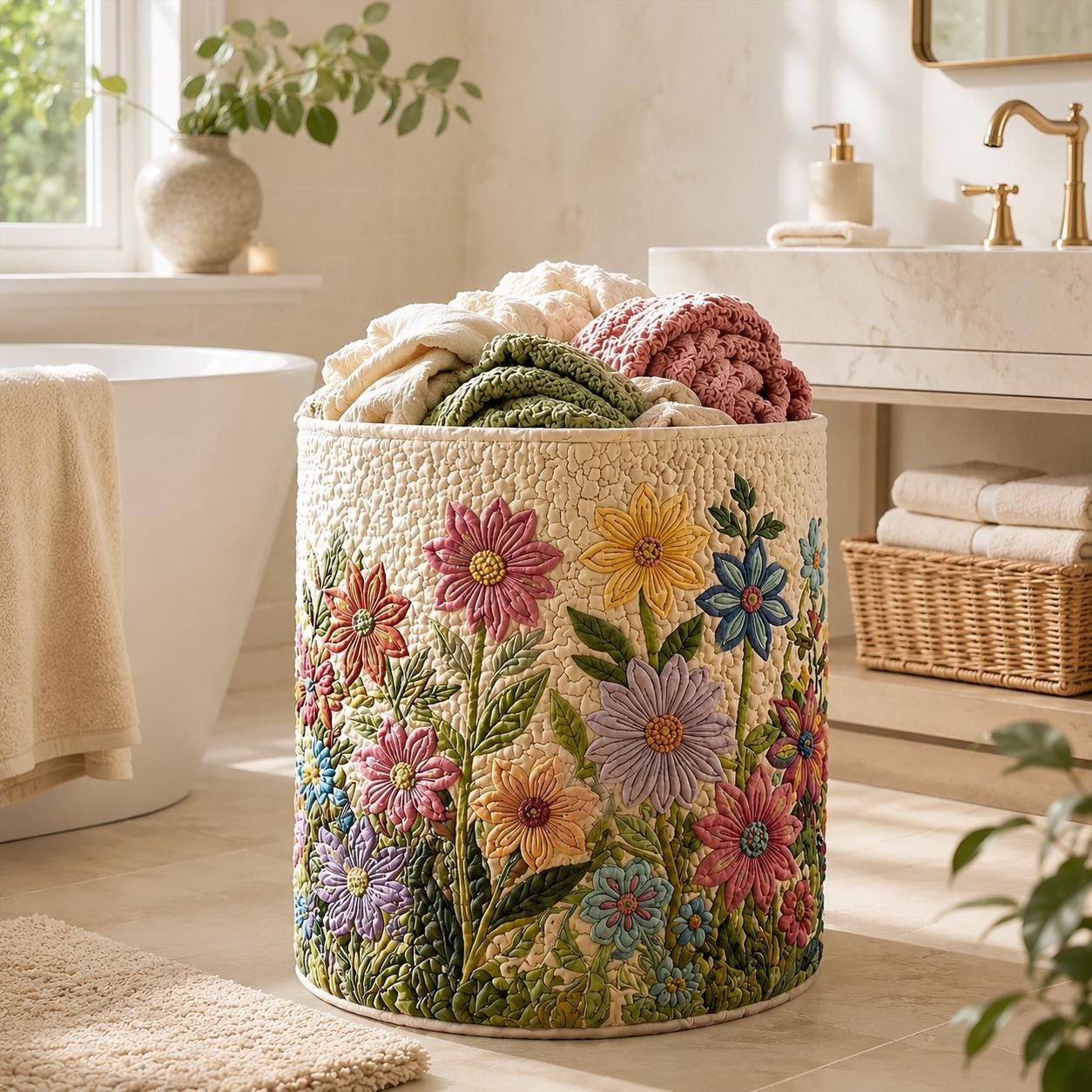 Boho Flowers Quilted Style Laundry Basket with Large Floral Fabrics Hamper and Foldable Family Storage Bin - photo 6