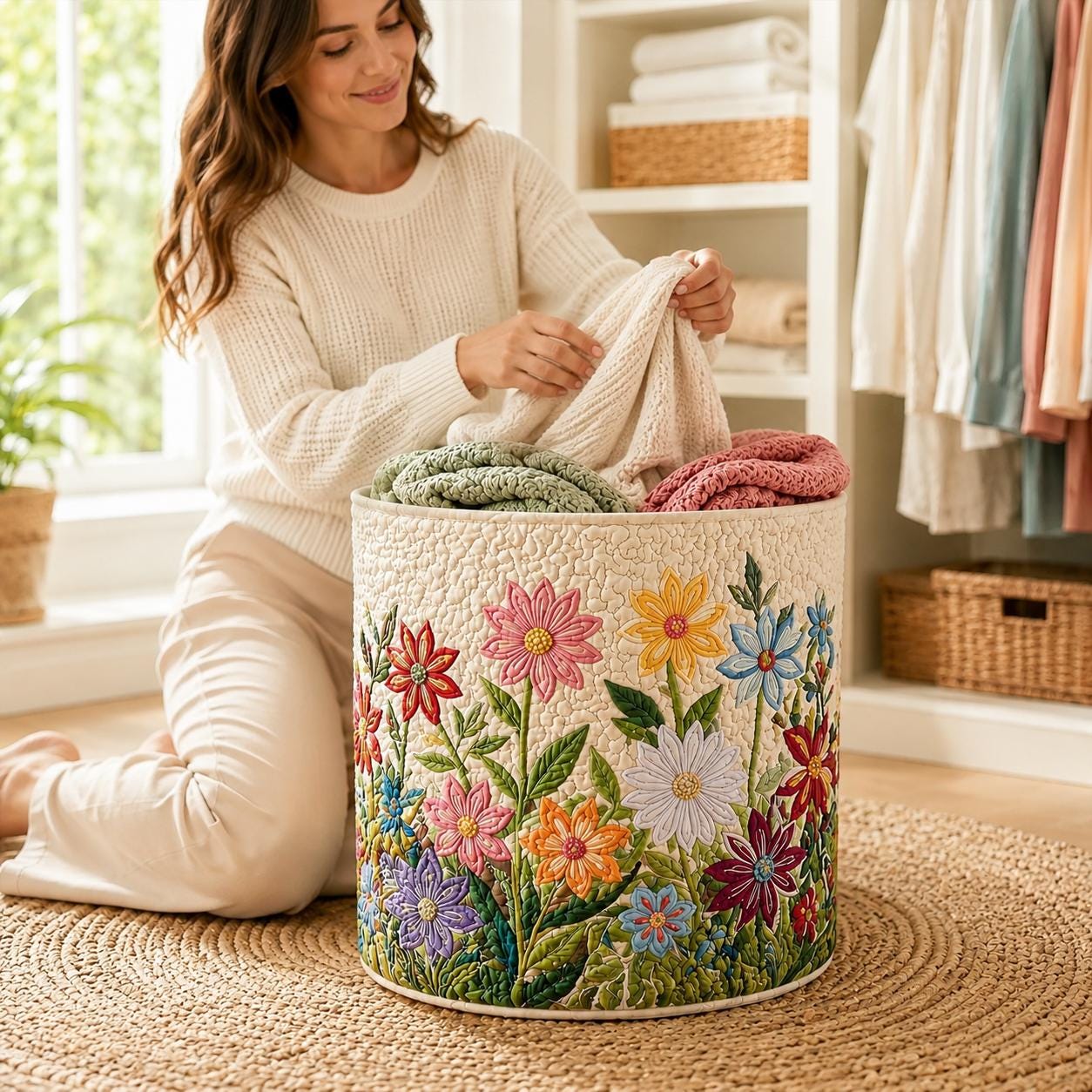 Boho Flowers Quilted Style Laundry Basket with Large Floral Fabrics Hamper and Foldable Family Storage Bin - photo 7