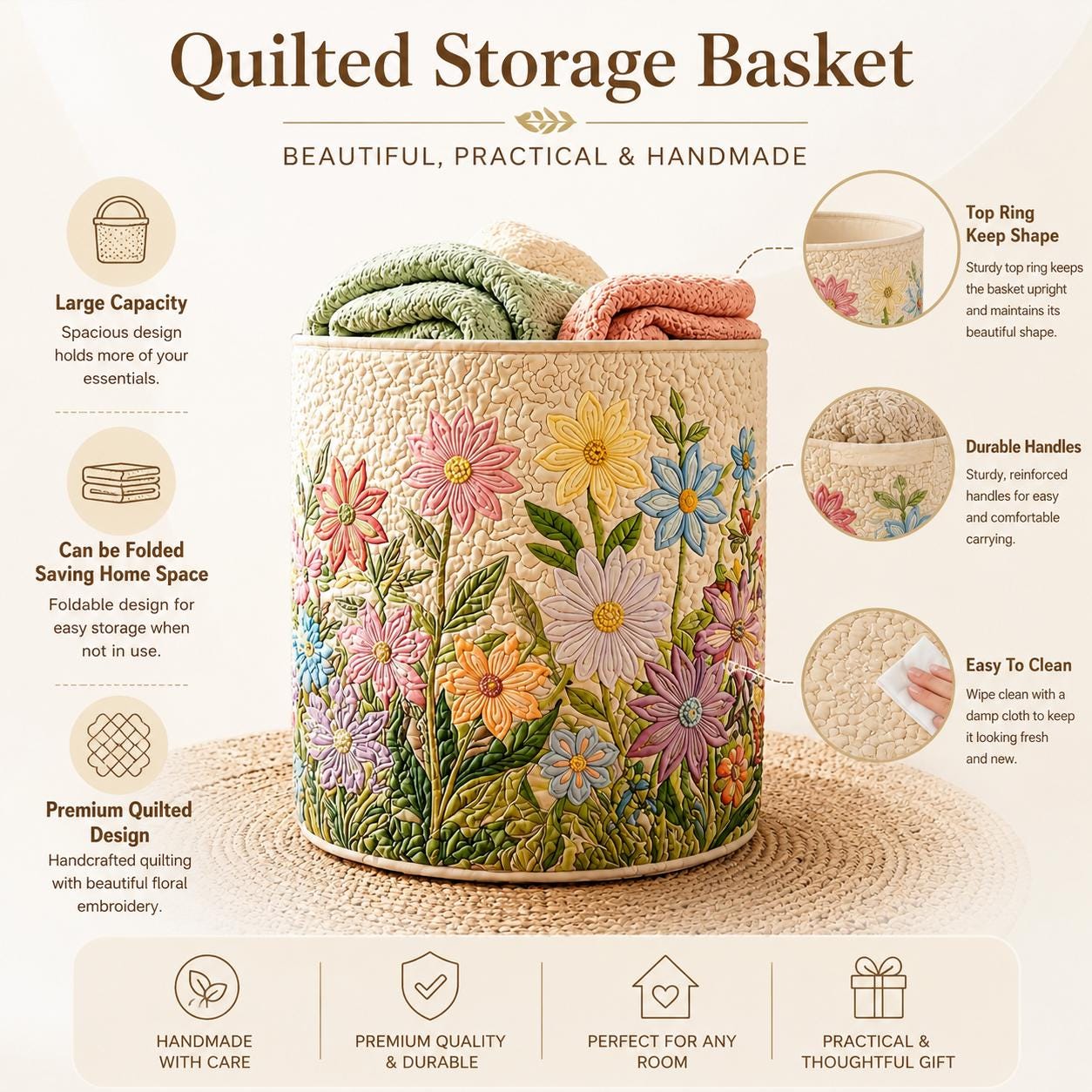 Boho Flowers Quilted Style Laundry Basket with Large Floral Fabrics Hamper and Foldable Family Storage Bin - photo 8