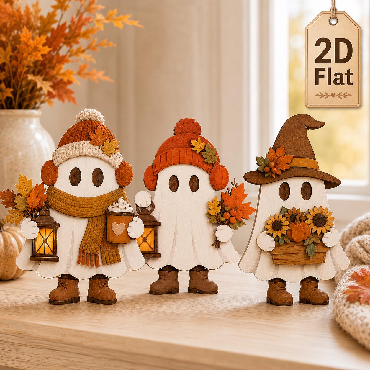 Halloween Fall Ghost Wooden Block Set and Table Signs with Witch and Sunflower for Cozy Autumn Shelf Decor