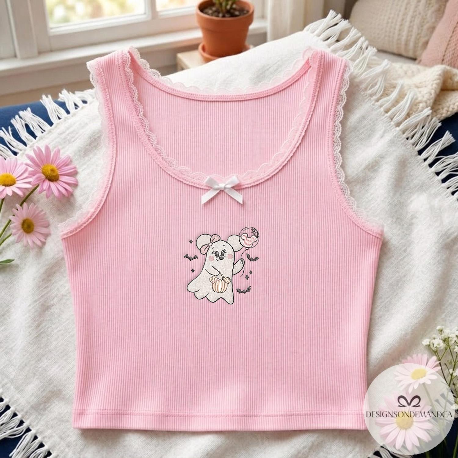 Embroidered Cute Minnie Ghost and Mickey Balloon Shirt with Halloween Pumpkin – WDW Disneyland Trip Lace Trim Tank Top Baby Tee