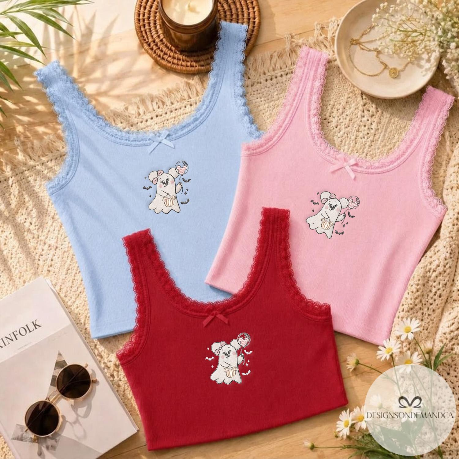 Embroidered Cute Minnie Ghost and Mickey Balloon Shirt with Halloween Pumpkin – WDW Disneyland Trip Lace Trim Tank Top Baby Tee - photo 3