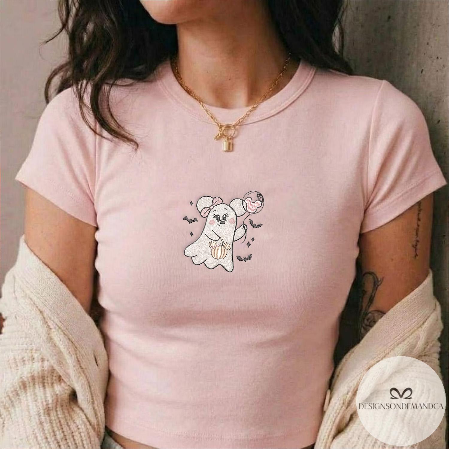 Embroidered Cute Minnie Ghost and Mickey Balloon Shirt with Halloween Pumpkin – WDW Disneyland Trip Lace Trim Tank Top Baby Tee - photo 4