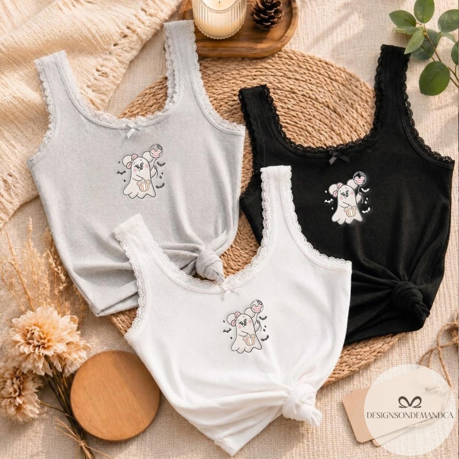 Embroidered Cute Minnie Ghost and Mickey Balloon Shirt with Halloween Pumpkin – WDW Disneyland Trip Lace Trim Tank Top Baby Tee - photo 7