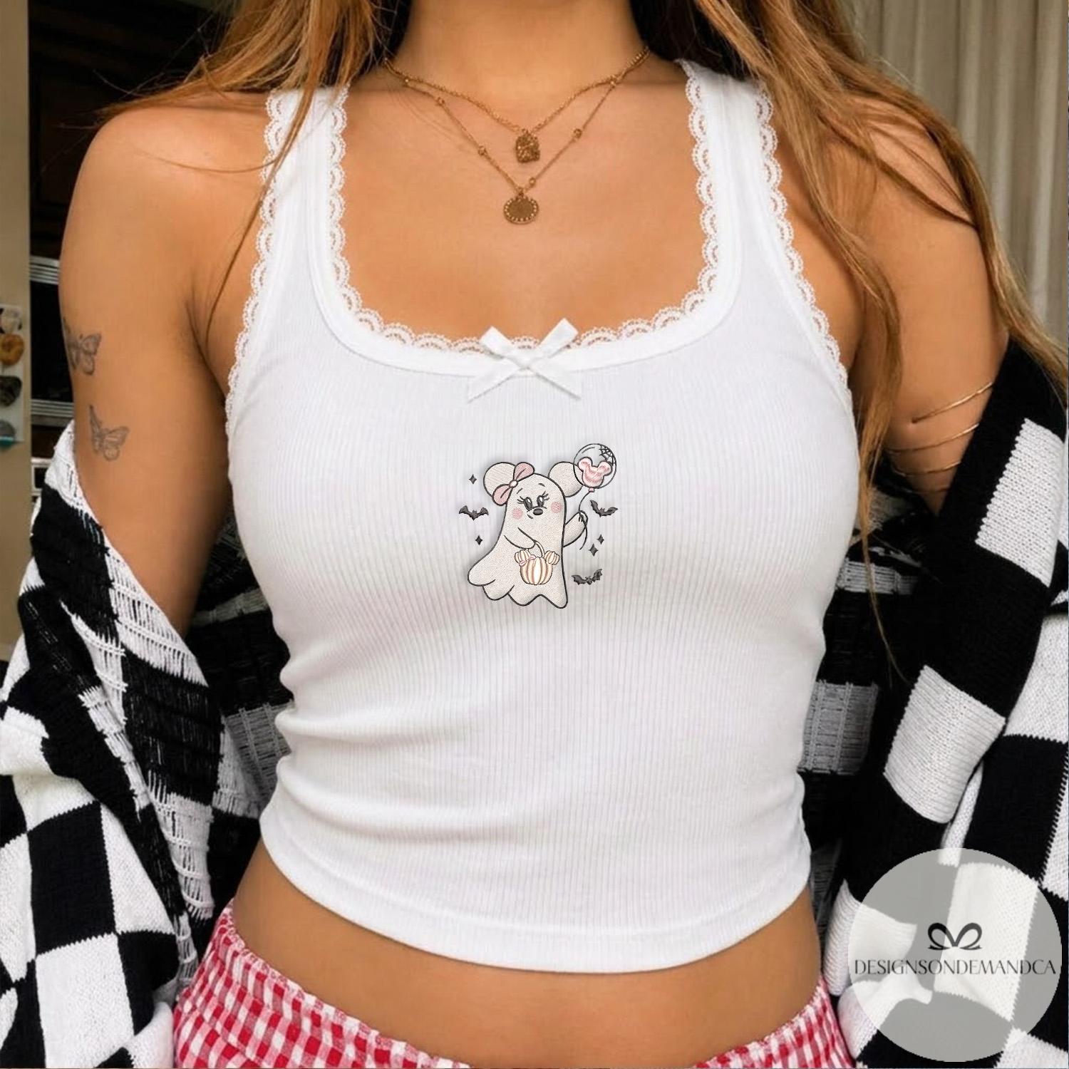 Embroidered Cute Minnie Ghost and Mickey Balloon Shirt with Halloween Pumpkin – WDW Disneyland Trip Lace Trim Tank Top Baby Tee - photo 15
