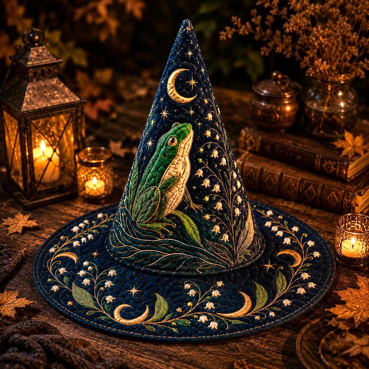 Moonlit Frog Cottagecore Quilted Style Witch Hat – Magical Forest Halloween Decor and Whimsical Table Centerpiece
