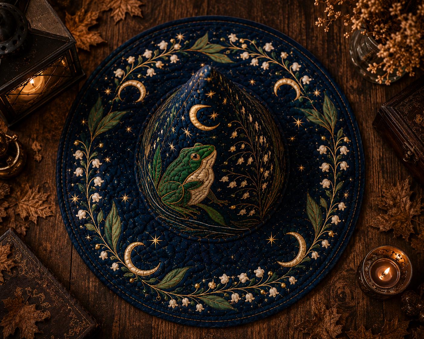 Moonlit Frog Cottagecore Quilted Style Witch Hat – Magical Forest Halloween Decor and Whimsical Table Centerpiece - photo 2