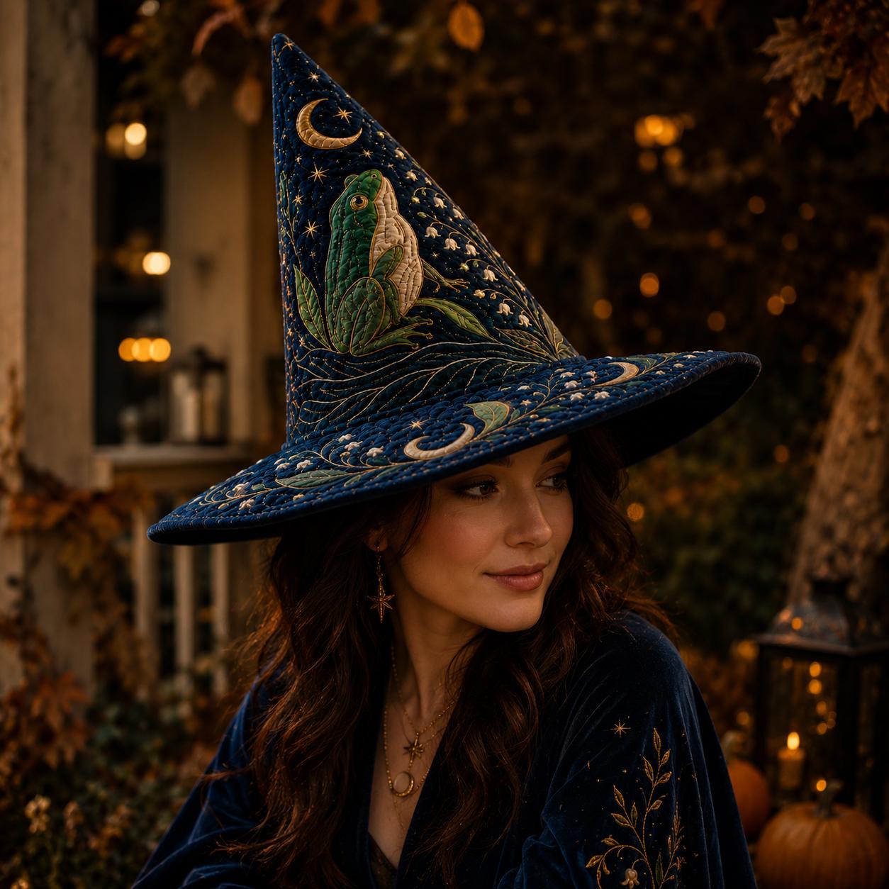 Moonlit Frog Cottagecore Quilted Style Witch Hat – Magical Forest Halloween Decor and Whimsical Table Centerpiece - photo 3