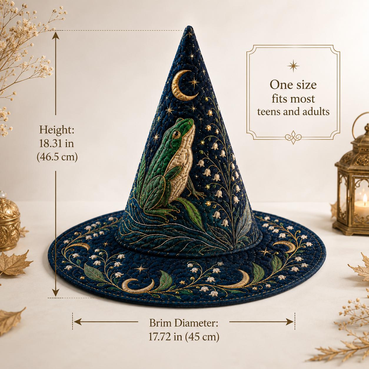 Moonlit Frog Cottagecore Quilted Style Witch Hat – Magical Forest Halloween Decor and Whimsical Table Centerpiece - photo 4