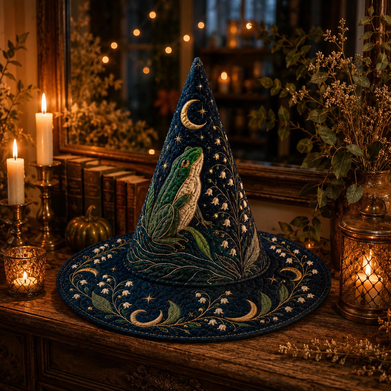 Moonlit Frog Cottagecore Quilted Style Witch Hat – Magical Forest Halloween Decor and Whimsical Table Centerpiece - photo 5
