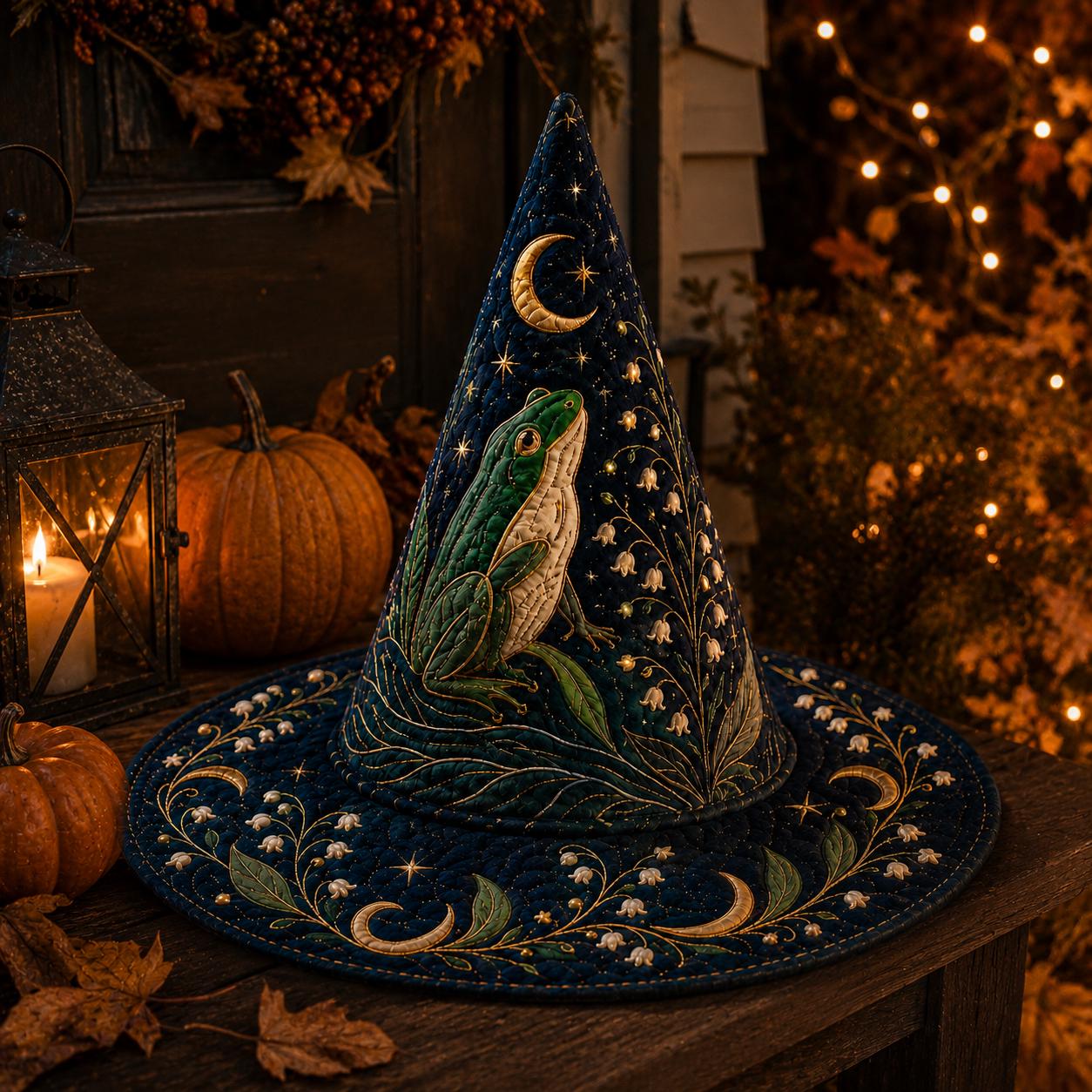 Moonlit Frog Cottagecore Quilted Style Witch Hat – Magical Forest Halloween Decor and Whimsical Table Centerpiece - photo 6
