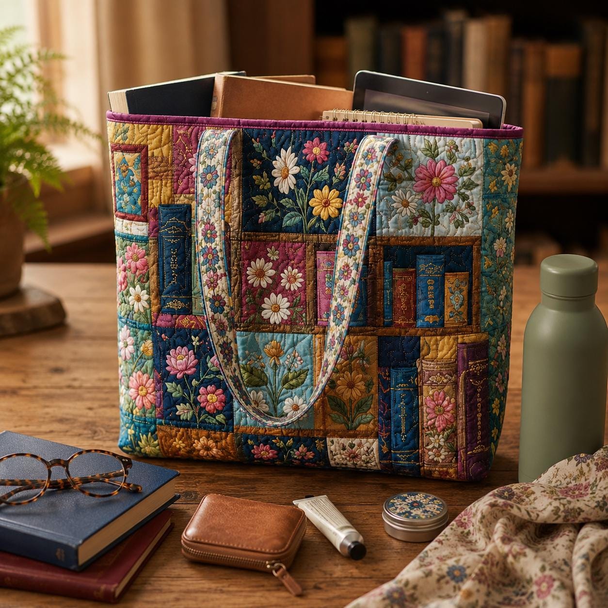 Personalized Quilted Styleed Book Tote Bag with Bookshelf Shoulder Bag and Floral Library Patchwork Purse Reader Gift For Her