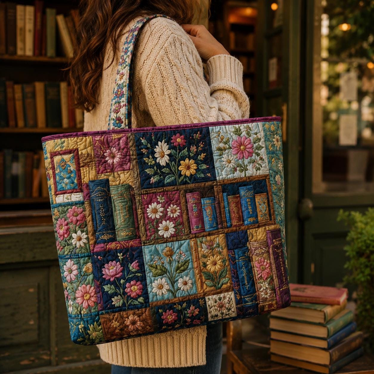 Personalized Quilted Styleed Book Tote Bag with Bookshelf Shoulder Bag and Floral Library Patchwork Purse Reader Gift For Her - photo 2
