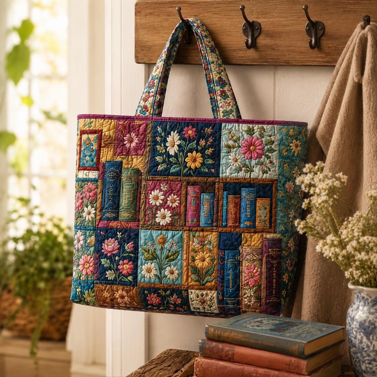 Personalized Quilted Styleed Book Tote Bag with Bookshelf Shoulder Bag and Floral Library Patchwork Purse Reader Gift For Her - photo 3