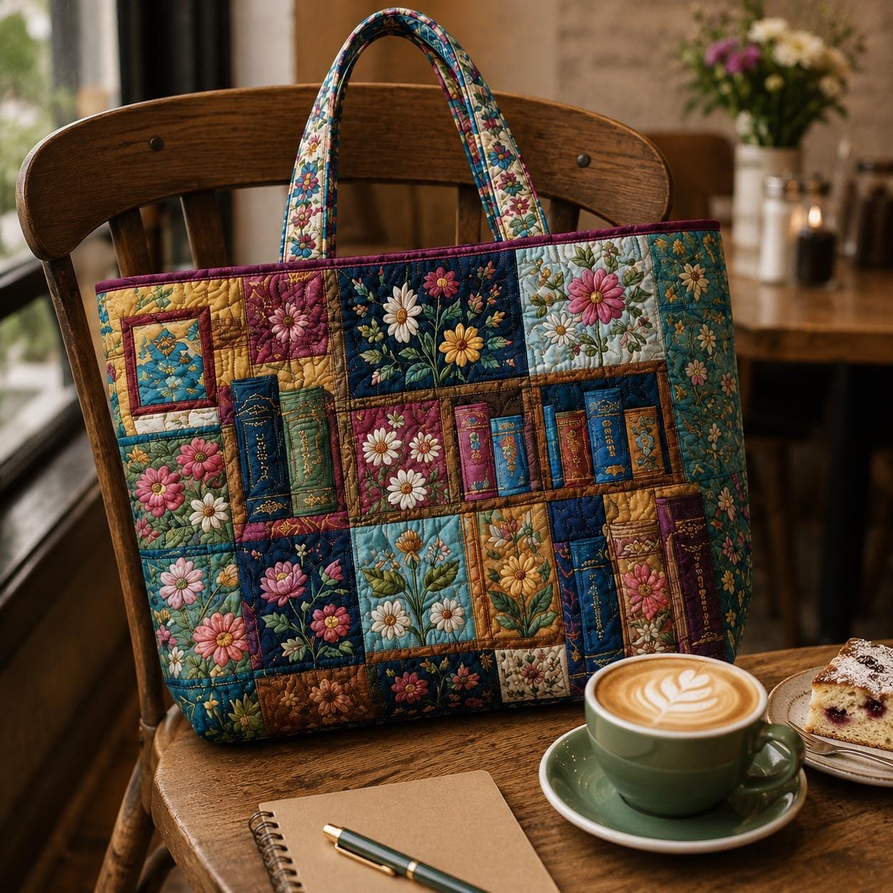 Personalized Quilted Styleed Book Tote Bag with Bookshelf Shoulder Bag and Floral Library Patchwork Purse Reader Gift For Her - photo 5